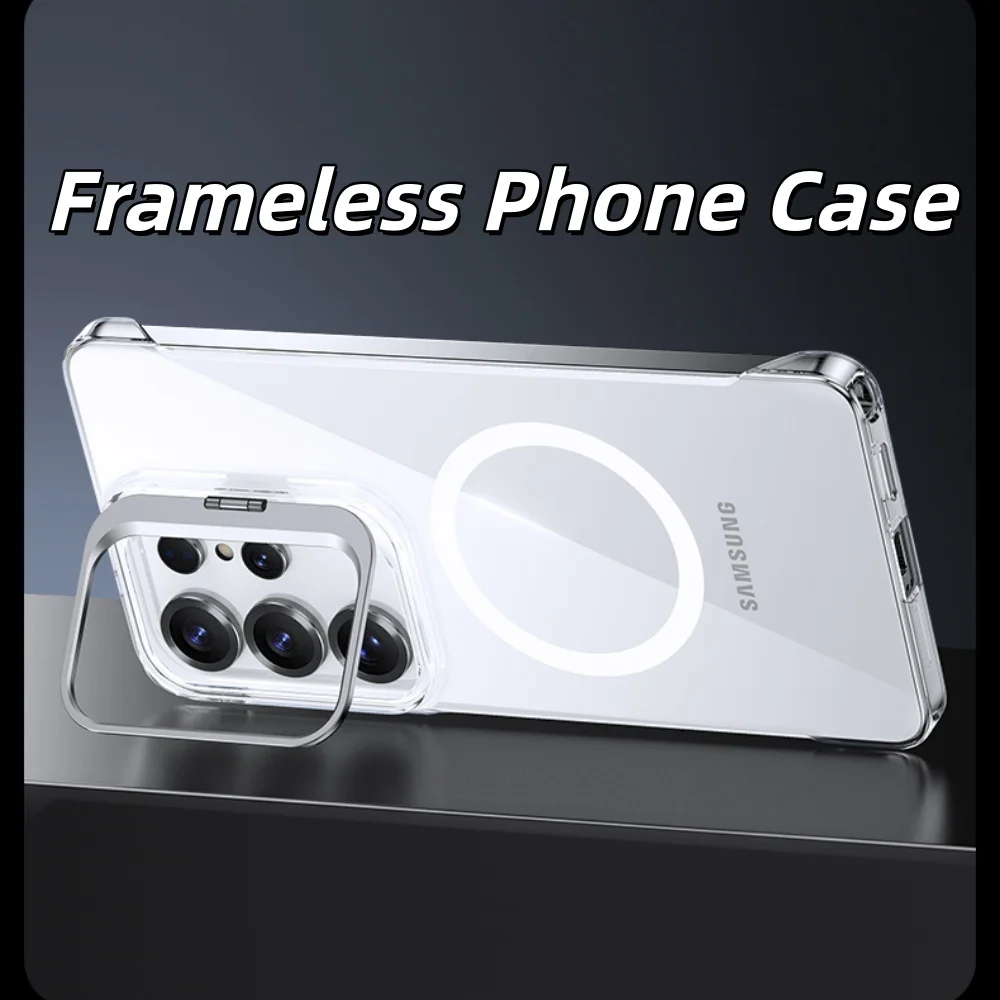 Smukłe, bezramkowe, przezroczyste etui magnetyczne z obsługą MagSafe do Samsunga S26 Ultra, S26+, Galaxy S25 Ultra, S24 FE, składane etui z podstawką na aparat i ochroną tyłu.