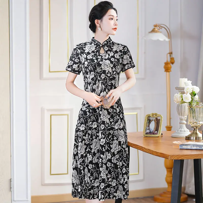 Women Summer New Cheongsam Skirt Dress Loose Large Size Cover Belly Long Ice Hemp Short Sleeve Elegance