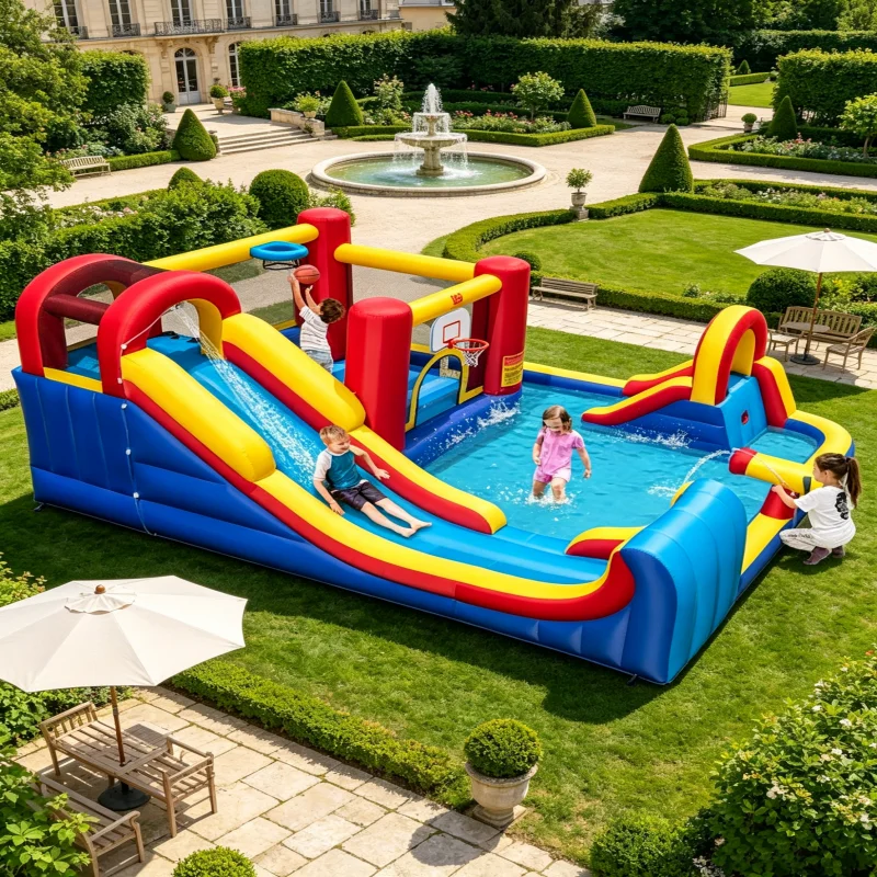 Castillo Inflable Acuático con Tobogán, Muro de Escalada, Aro de Baloncesto, Red de Seguridad de Tela Oxford, Inflado Rápido con Bolsa de Transporte