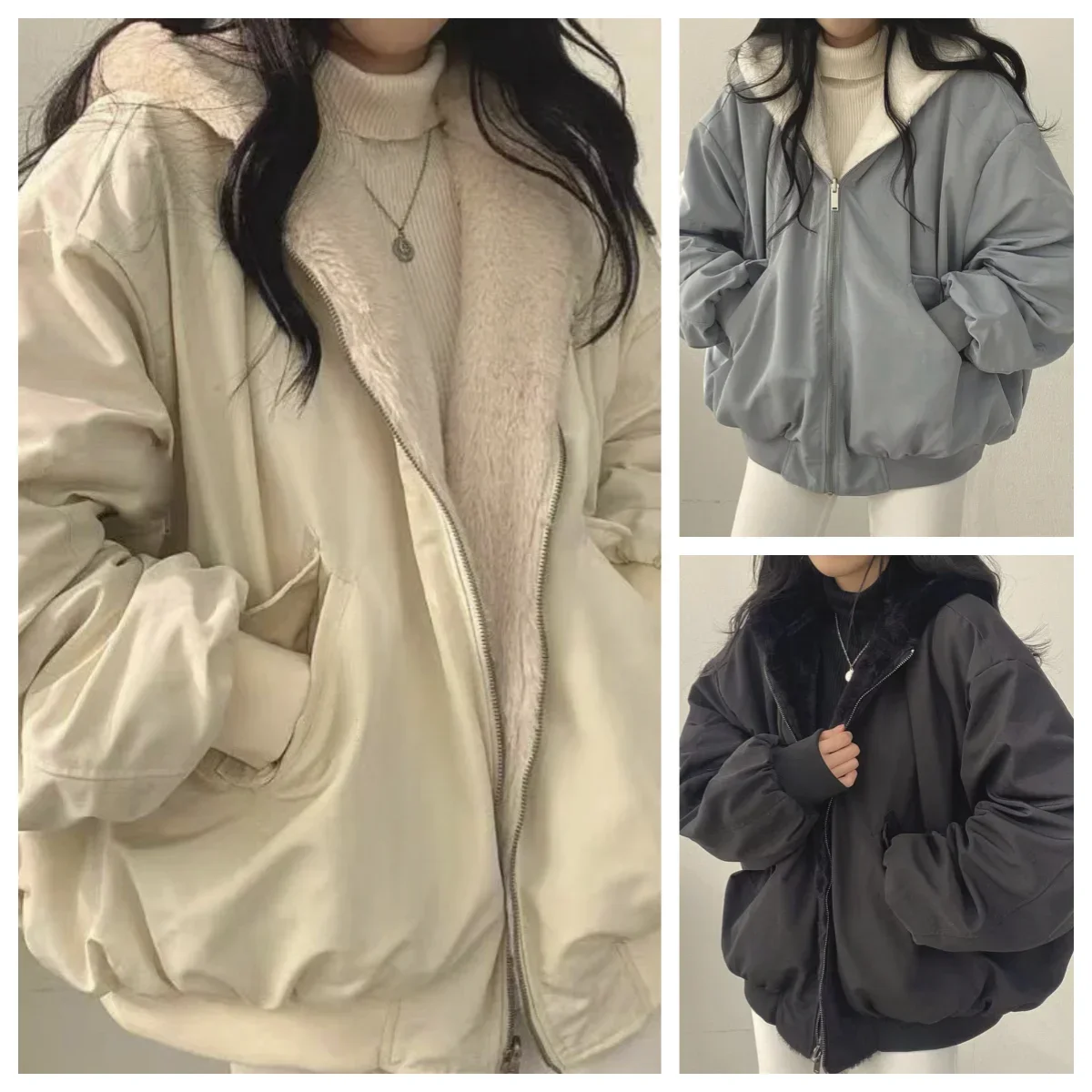 

New Jackets for Women Thick Warm Parkas Oversized Double Sided Hooded Coat Korean Fashion Casual Loose Zip Up Jackets Coat Women