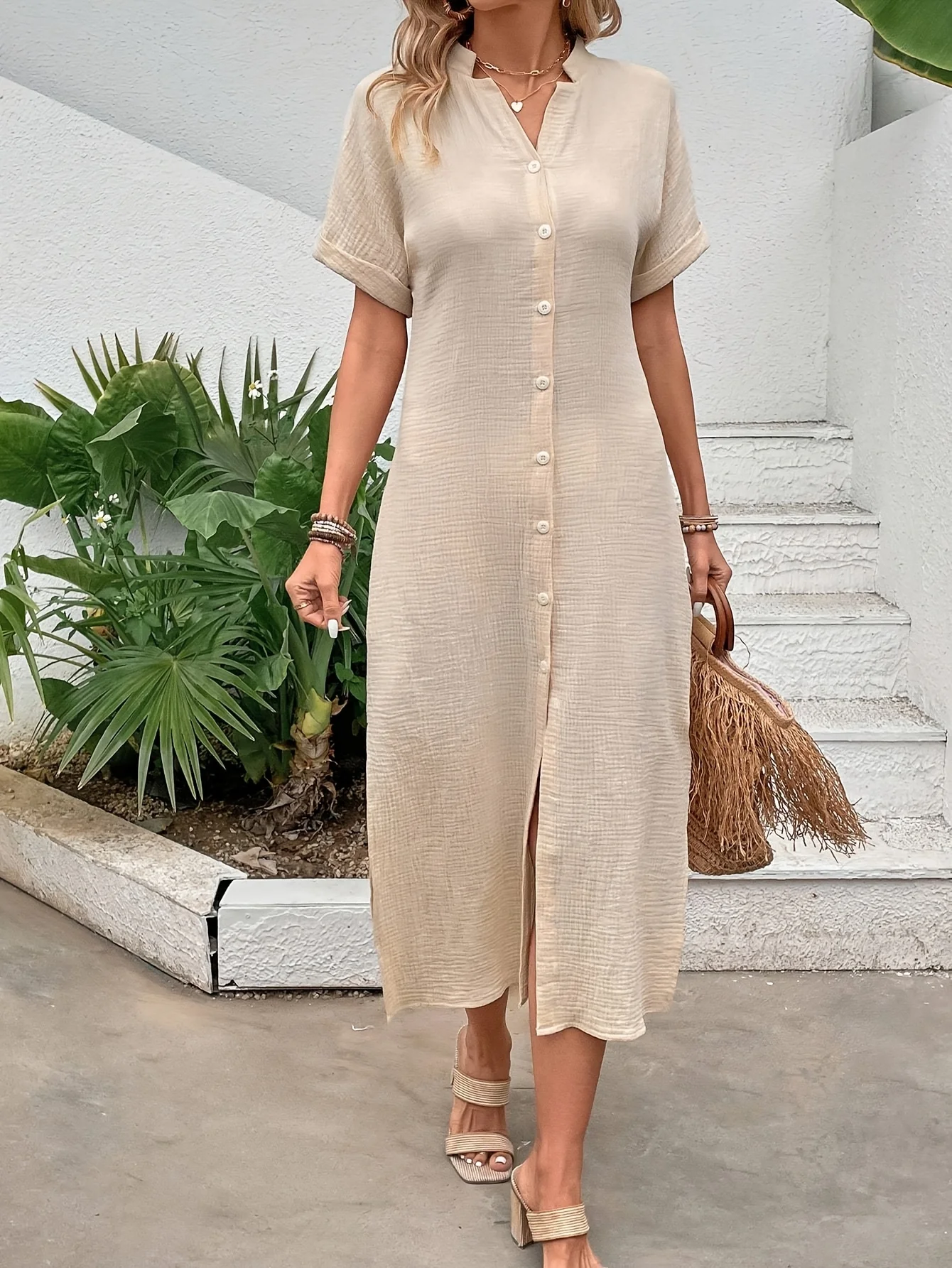 Dames standaardmaat kaki midi-jurk met knoopsluiting aan de voorkant, korte mouw, opstaande kraag, splitzoom, casual vakantie-outfit