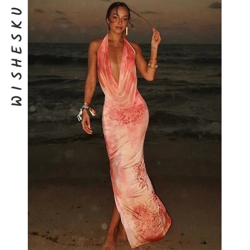 

Sexy Bandage Halter Maxi Dress Women Tie-Dye Print Patchwork Backless Vacation Beach Party Elegant Long Bodycon Outfits