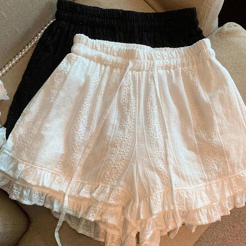 

French Style Lace Wide Leg Shorts Women Summer Loose Leisure Drawstring Elastic Waist A-line Hot Pants Girls Solid Color Shorts