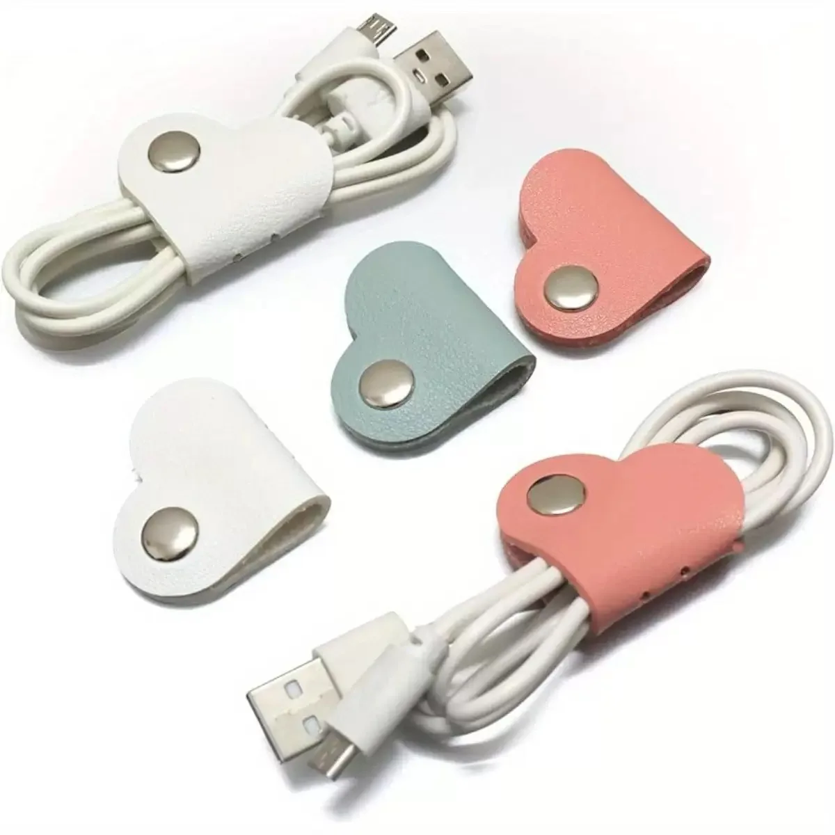 Multifunctional PU Leather Phone Data Cable Organizer Data Storage Heart-shaped Cable Clip Hub Wired Headphone Winding Clip