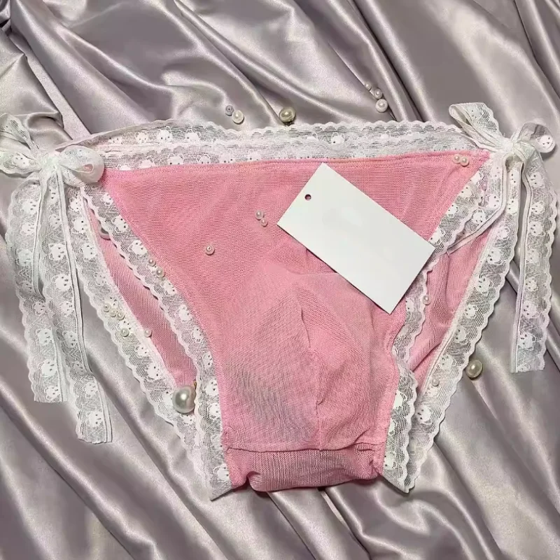 Japanese Sweet Lace Mesh Lace up Underwear Men's Feminine Design Convex Pouch Low Waist Quick Dry Breifs BF Private Party Gift