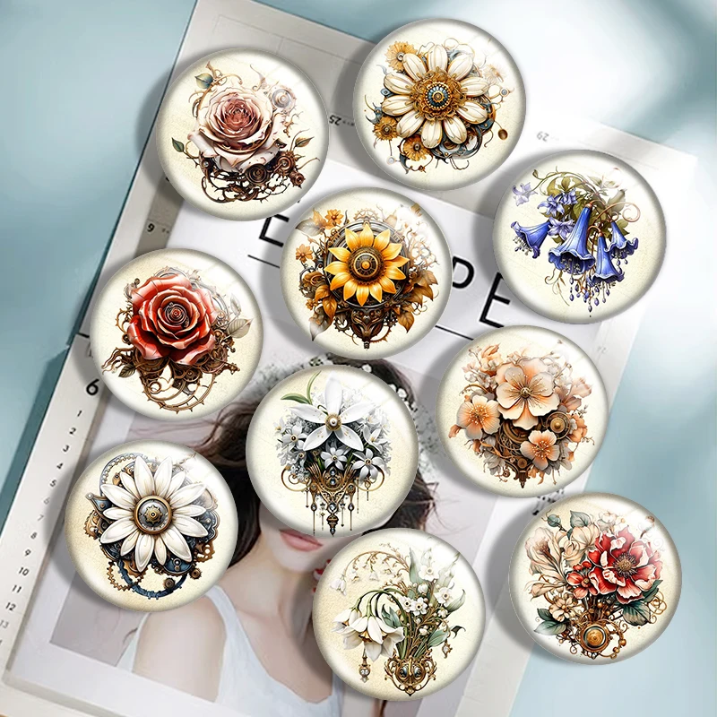 Steampunk Flowers Clip Art 10szt 12mm/18mm/20mm/25mm Okrągły szklany kaboszon z płaskim tyłem Naszyjnik Making findings