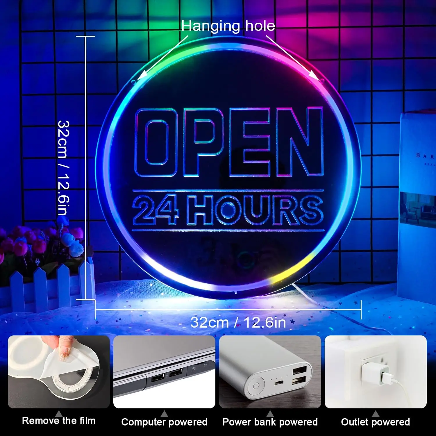 24 Stunden geöffnet Spiegel Illusion Neon LED Zeichen Raum dekor dimmbar USB betrieben für Schaufenster Convenience Store Bar Dekoration