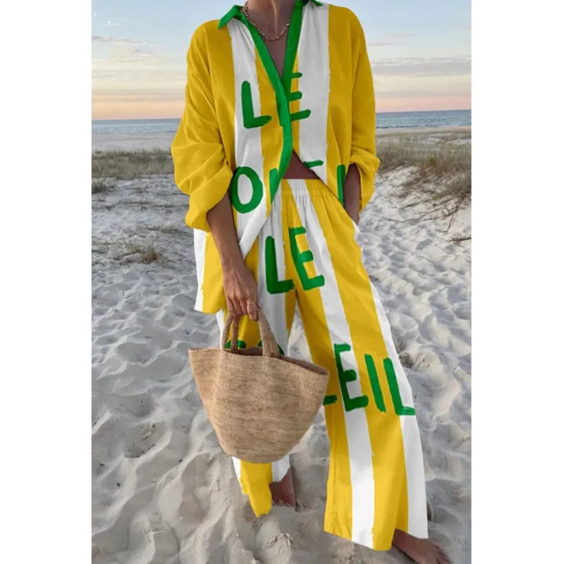

Fashion Print Beach Holiday 2 Piece Set Women Spring Summer Long Sleeve Shirt Wide Legs Women's Oversize Two Piece Sets Outfit