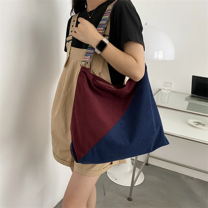 Women Luxury Corduroy Shoulder Bag Large Handbag Big Casual Tote Canvas Lining Solid Cloth Purse Zipper Crossbody Messenger Bags