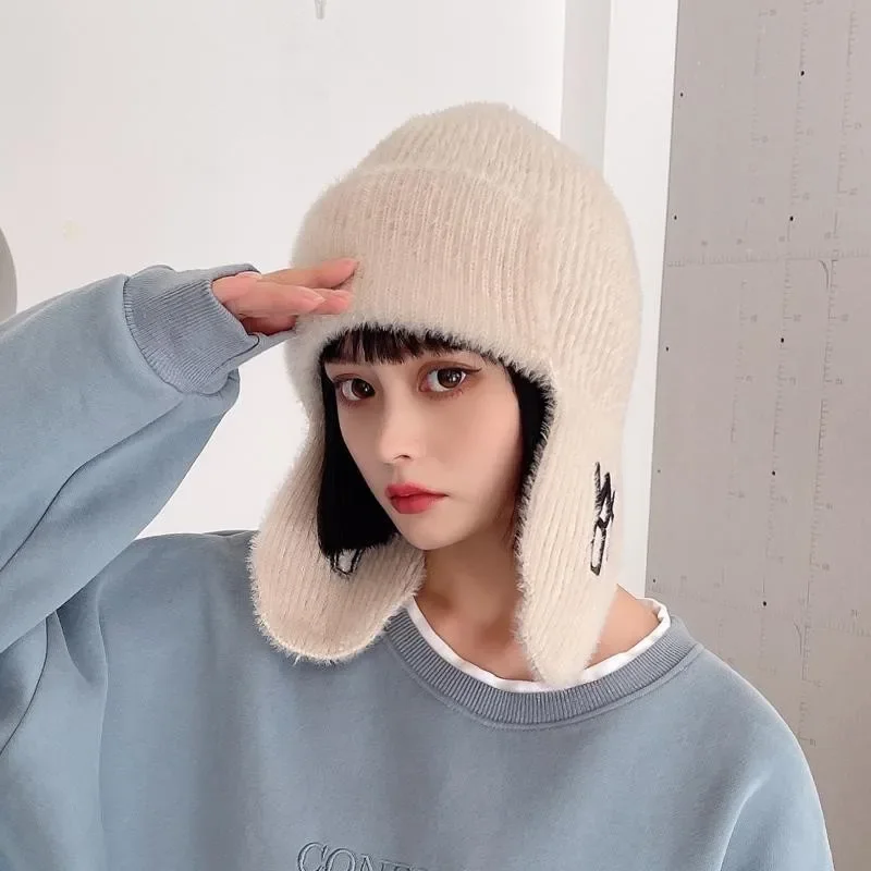 Women Winter Knit Bomber Hat Aviator Trooper Velvet Warm Protection Beanies Russian for Girls Earflap Caps Шапка Ушанка Женская