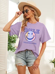 Cartoon Smiley Face Print T-shirt Casual Crew Neck Short Sleeve Purple Cute Fashion