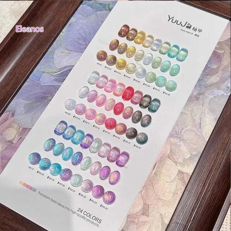 Eleanos Fairy Glitter 24 szt. Lakier do paznokci kocie oko z kolorowym kartonikiem 15ml Żel magnetyczny półtrwały Soak Off UV do salonu paznokci