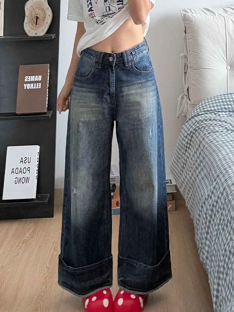 

Retro American Hot Girl Design Cuffed Denim Jeans Women Summer Fashion Loose Lazy Loose Feeling Floor-Length Pants