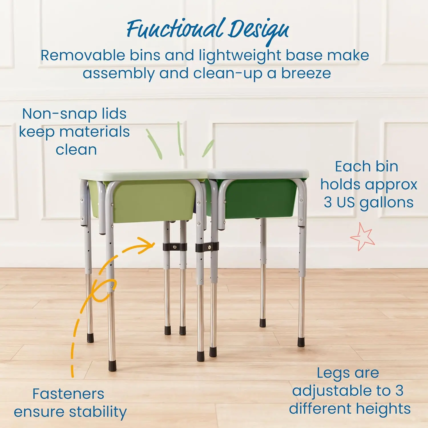 Tavolo da gioco regolabile in sabbia e acqua a 2 stazioni, contenitori sensoriali, verde felce/verde cacciatore