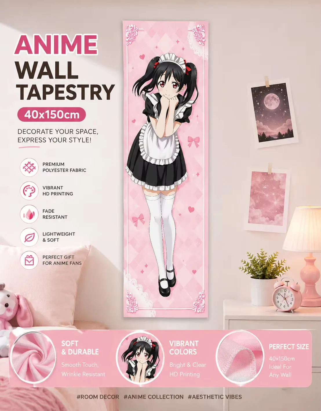 Nico Yazawa Anime Vertical Tapestry, LoveLive Maid Outfit Pink Plaid Heart Background Long Wall Hanging for Bedroom Dorm Room