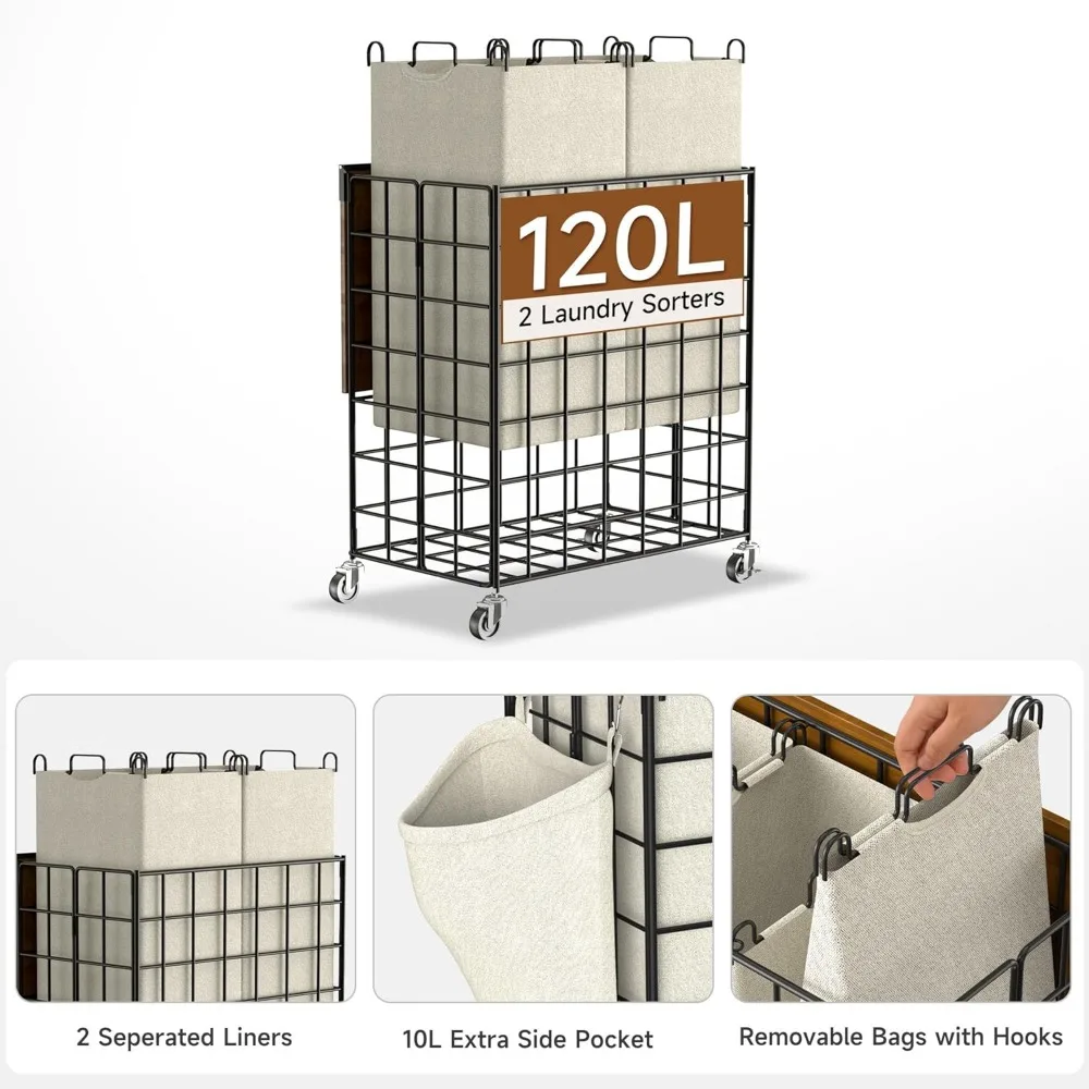 سلة غسيل دوارة شديدة التحمل مع فارز وسعة كبيرة، غطاء خشبي، عجلات 360 درجة لسهولة المناورة