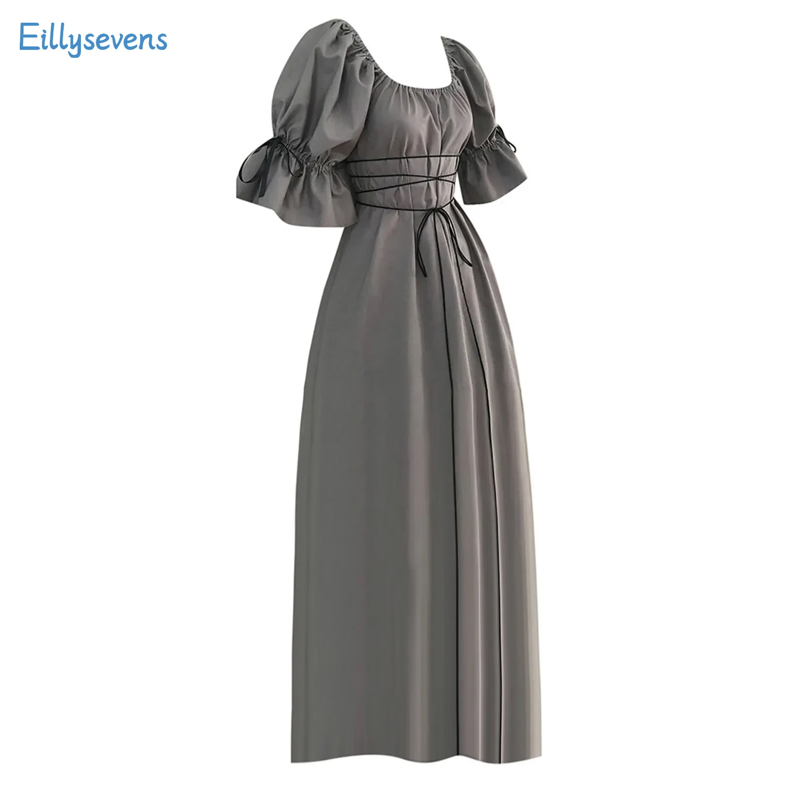 Vestidos Vintage de manga corta de pétalo para mujer, cuello en U, Color sólido, vestido de princesa sencillo, vestidos medievales de tendencia para Cosplay