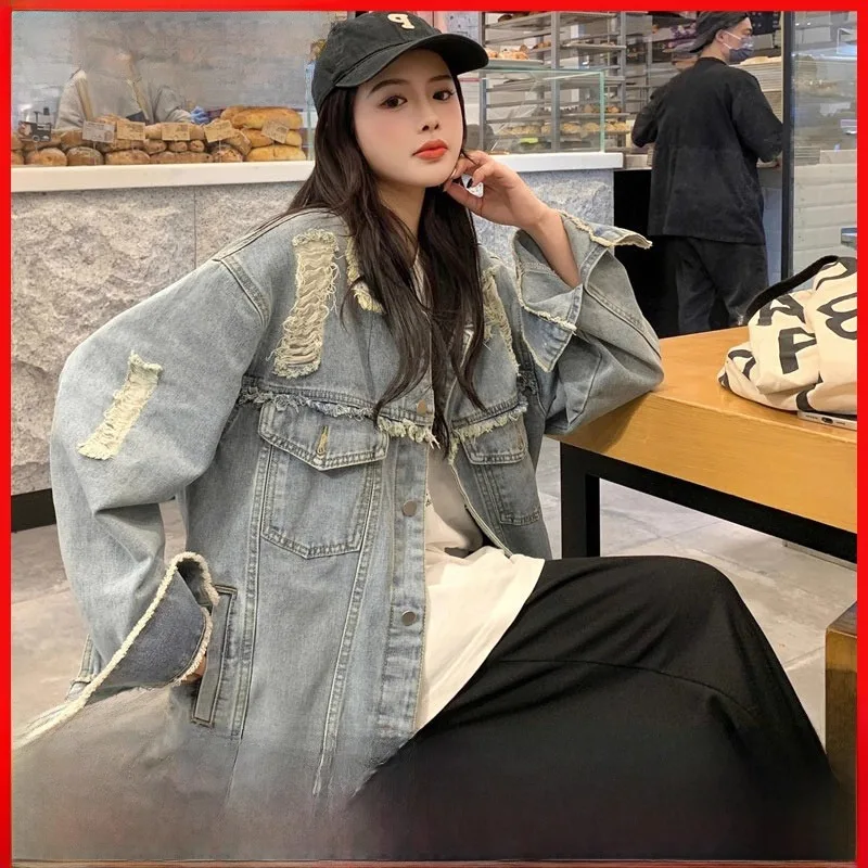 

Retro Waed Denim Jaet Men's Autumn Winter Large Size 250 Pou Distred Frayed Hem Loose Fit Classic Cleanfit Sle