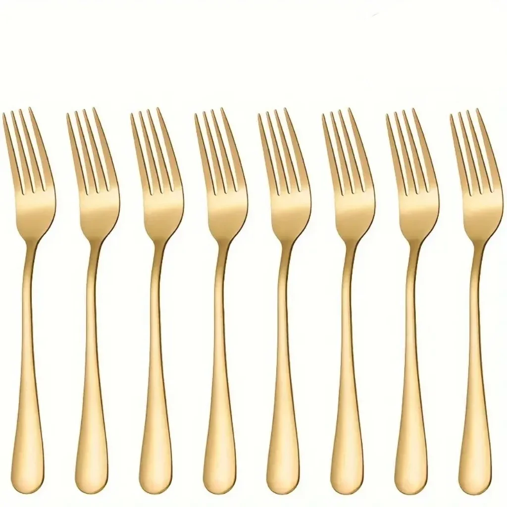 8-Piece Golden Dinner Forks Set, Stainless Steel, Polished, Dishwasher Safe, Salad & Fruit Forks for Kitchen & Dining