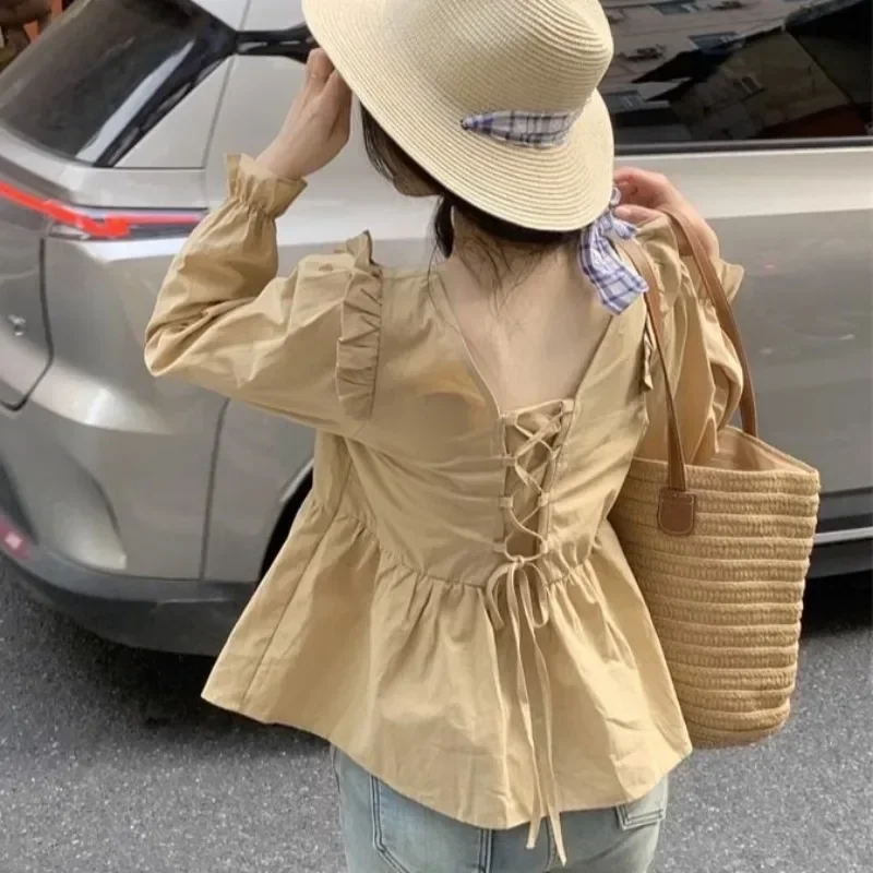 Blusas con cuello en V para mujer, estilo coreano, sencillo, liso, con cordones, sin espalda, diseño de nicho, elegante, moda para chicas Ins, manga larga de primavera