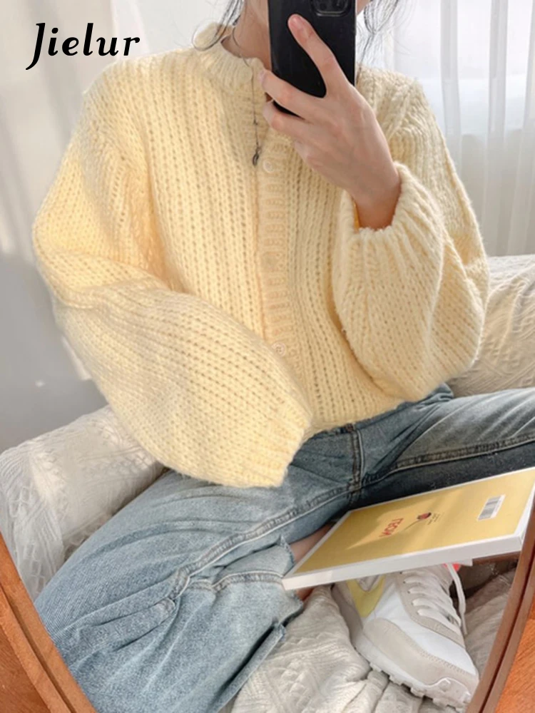 Jielur Korean Chic Winter Women Cardigan Vintage Solid Color O-Neck Cardigan Woman Blue Yellow Purple Pink Knitted Top Female