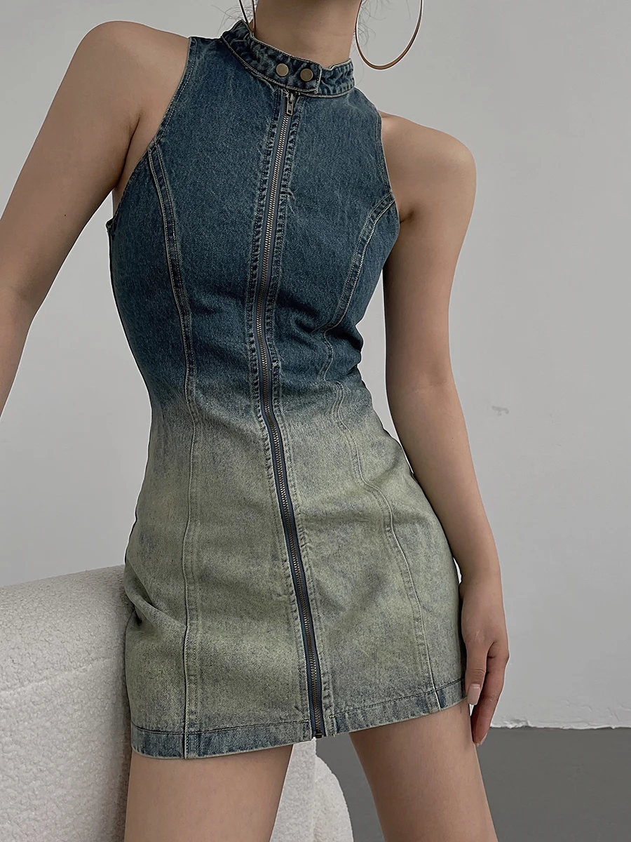 

Women's Sleeveless Gradient Zipper Vest Dress American Retro Minority Slim Denim Personalized Sexy Dress Summer Dress