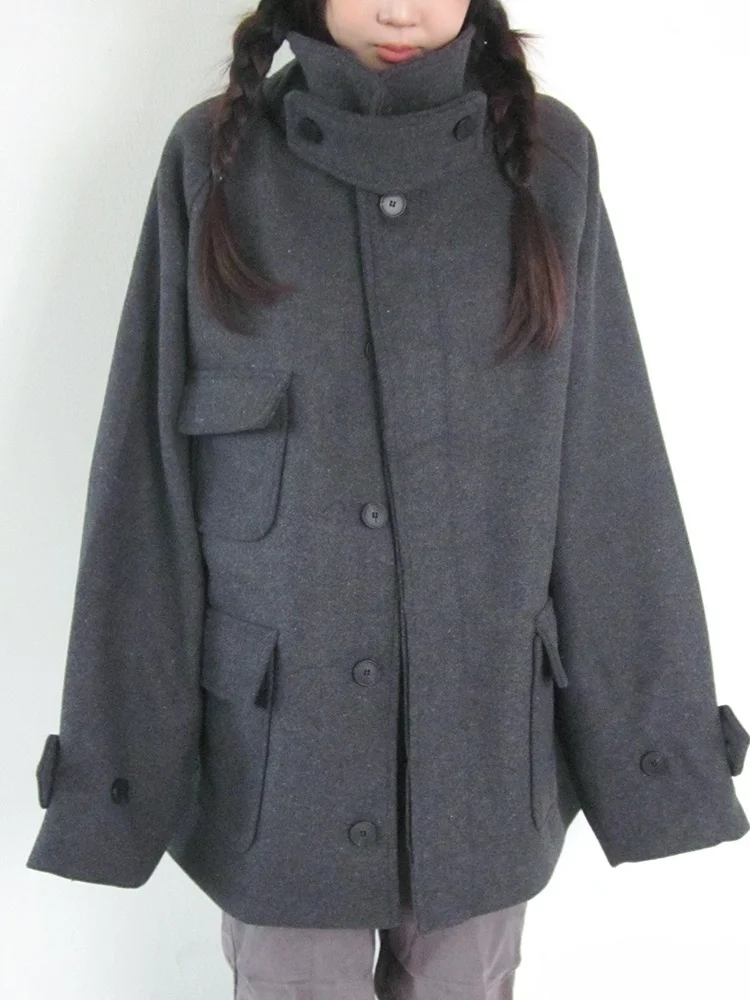 

Japanese Design Sensation Women's Winter Coat Stand Collar Woolen Jaet Korean Sle Retro Trendy Long Sve Single Button