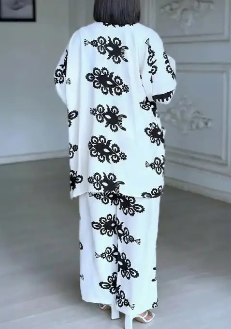 ツーピースセット レディース服 新作 ヴィンテージ バロック柄 オープンフロント 長袖コート＆ドローストリングウエスト カジュアル ワイドレッグパンツセット