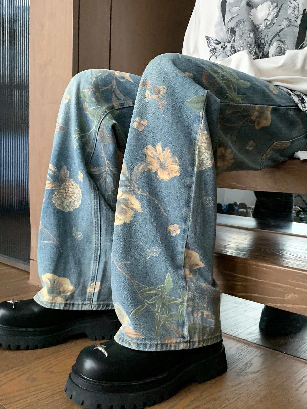 

Винтажные свободные прямые мужские джинсы с принтом для весны и осени, модные повседневные длинные брюки в уличном стиле от известного бренда