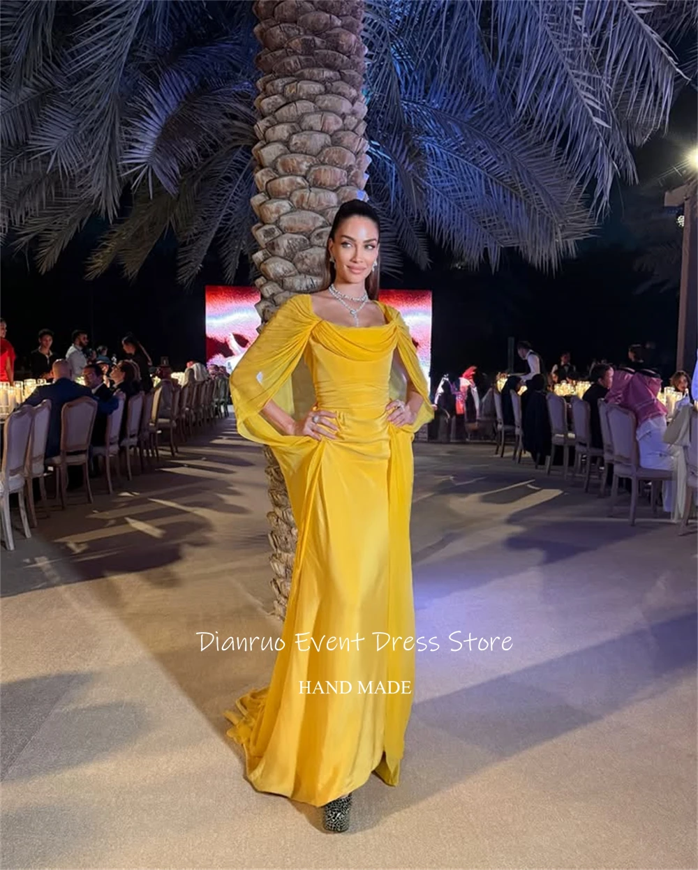 فستان سهرة لامع مصنوع يدويًا من Dianruo بطيات بطول الأرض فيستدو فورماليس أصفر عالي الجودة فيستدوس دي فيرانو مخصص #6