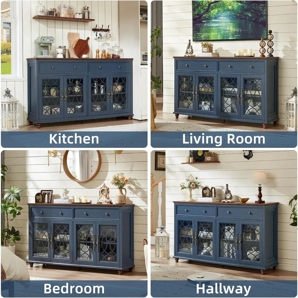 Bauernhaus-Sideboard-Buffetschrank mit Stauraum, 59 große Credenza mit 4 Glastüren und 2 Schubladen, verstellbare Regale, Konsolentisch