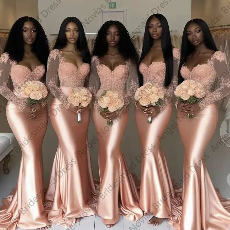 

Customized Long Sleeves Mermaid Peach African Bridesmaid Dresses Wedding Party Gowns vestido de festas elegante casamento