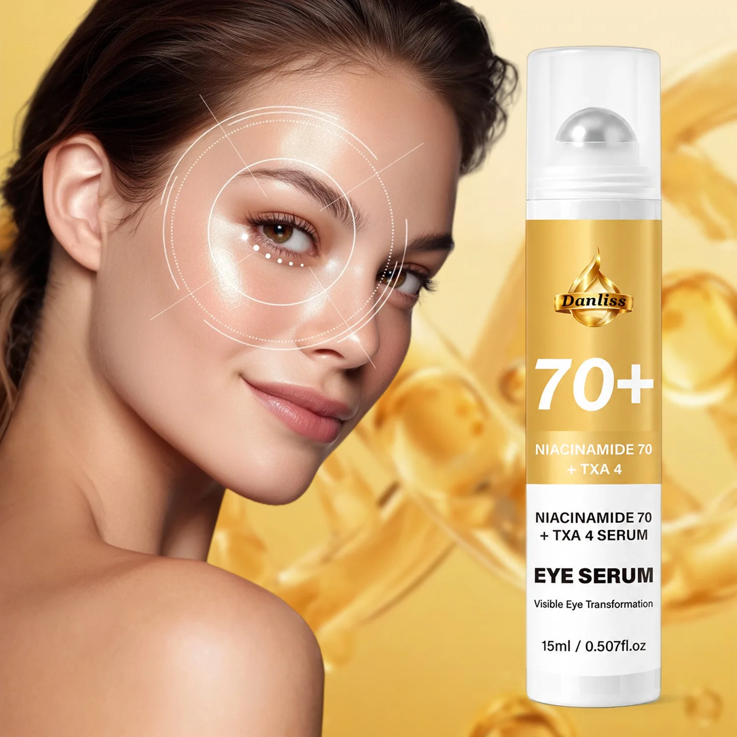70+ Niacinamide & TXA 4 Eye Serum- Cooling Metal Roller Massage - Reduces Puffiness Smooths Fine Lines for Youthful Eye Contour.