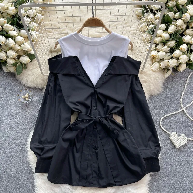 OCEANLOVE Fake 2 Pieces Women Shirts&blouses Spring Autumn Sweet Patchwork Blusas Mujer Korean Fashion Bows Elegant Camisas