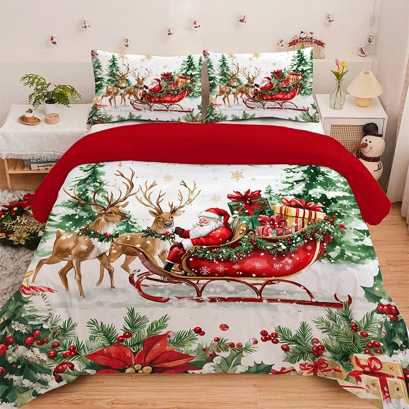 3PC Sled Elderly Duvet Cover Cute Elk Set Bedding Set (1Duvet Cover&2Pillowcases) Christmas Furniture Decor No Filler/Core