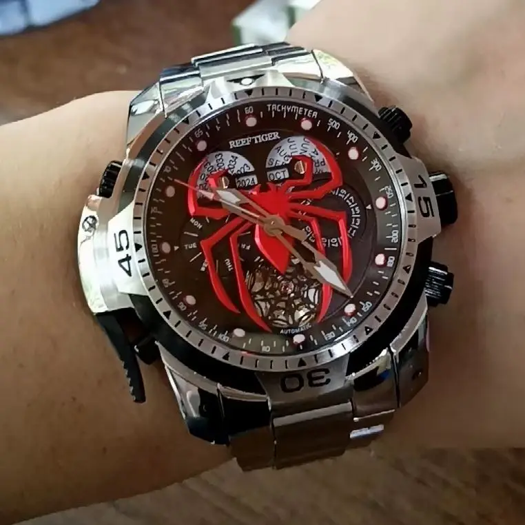 Reef Tiger Men Automatic Watch 46mm Mechanical Wristwatch Luminous Sapphire Mirror Year Month Week Date Skeleton Spider Dial