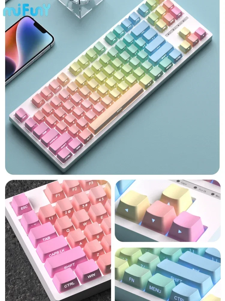 Rainbow Gradient Keycaps Custom OEM Profile PBT Keycap Cute Side Carving Transparent KeyCaps for Gaming Mechanical Keyboard Gift