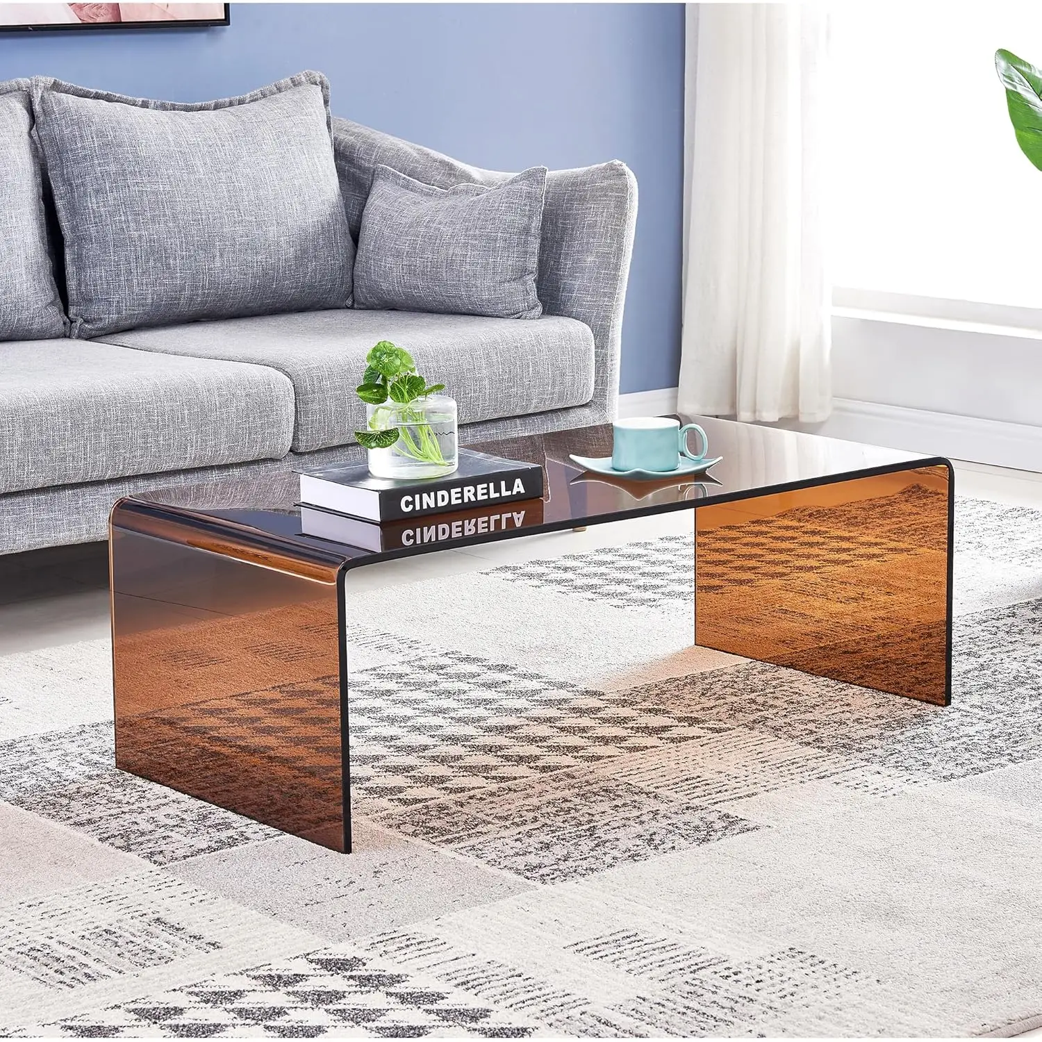 

Glass Coffee Table, Modern Amber Coffee Tables For Living Room, Small Rectangle Tempered Glass Waterfall Sofa End Table, 39.4"