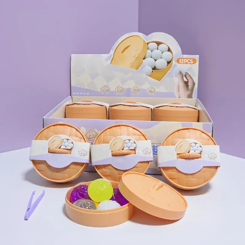 6Pcs Party Favors Gift Mini Dumplings With Steamer Bun Squeezable Toys Set Soft Stress Relief Crystal Fidget Sensory Toy
