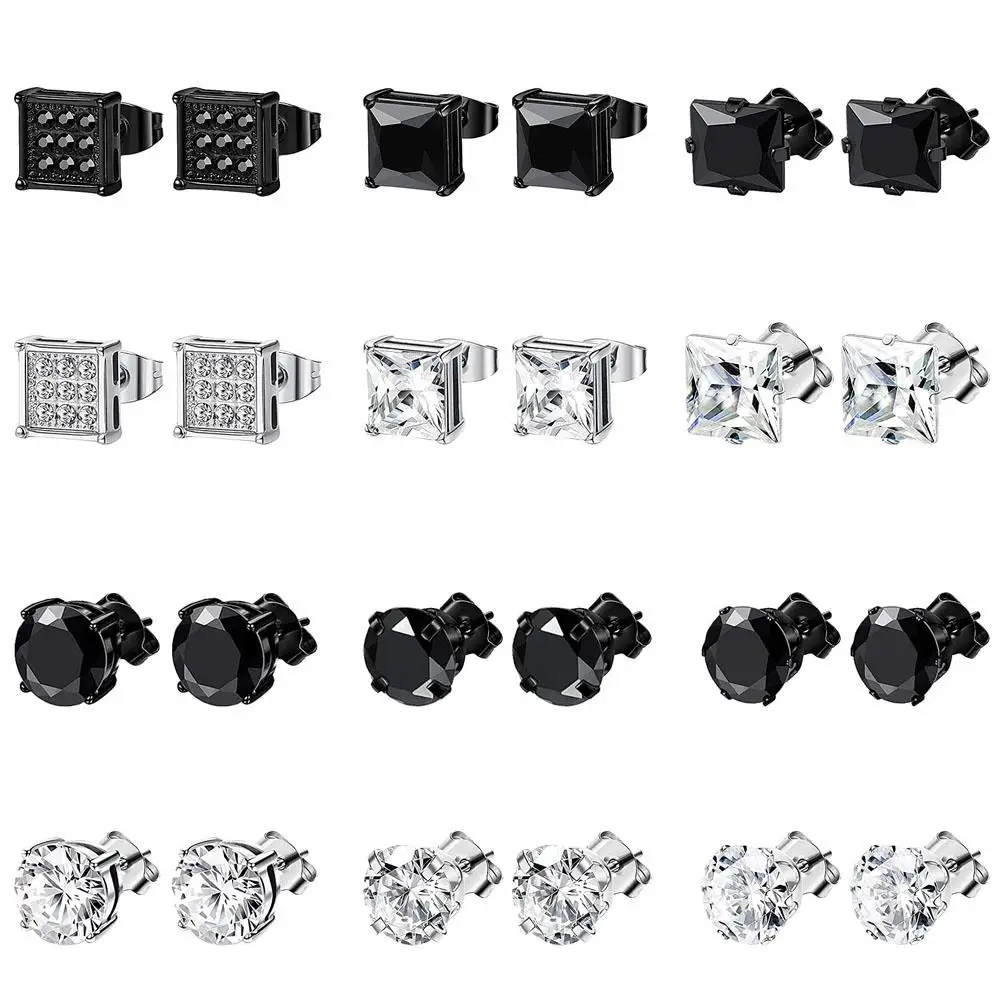 1/12 Pairs Hypoallergenic Stainless Steel Inlaid Cubic Zirconia Round Square Stud Earrings Set for Women Men Silver Black Tone