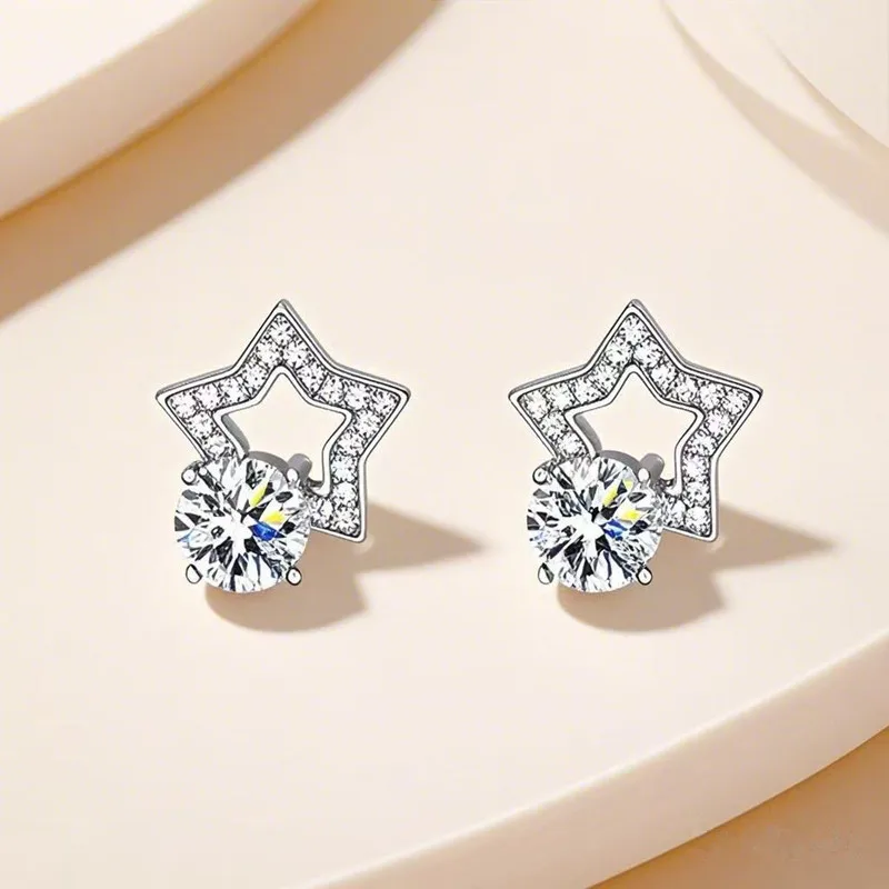 

S925 Silver Platinum-Plated 1CT D Color Minimalist Star Moissanite Women's Stud Earrings Fine Jewelry