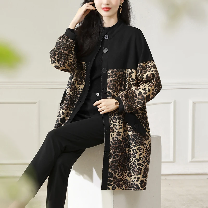 2024 Autumn/Winter New Women's Leopard Print Coat Loose Velvet Large Size Slim Single breasted Windbreaker Big Swing Coat