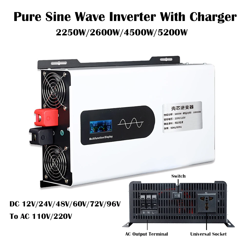 

Pure Sine Wave Inverter Off Grid 12V 220V With Charger 12V-96V To 220V 230V Voltage Transformer Power Converter Solar Inverter