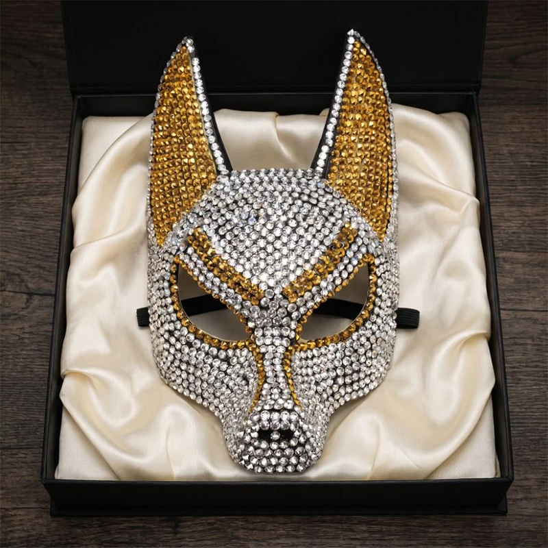 Shining Rhinestones Diamond Wolf Mask Animal Wolf Head Mask Makeup Ball Party Dress Up Decoration Props Halloween Decor Mask