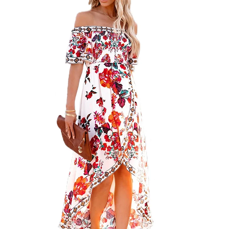 Women Slash Neck Long Dress 2024 Summer Off Shoulder Floral Print Irregular Beach Dresses Bohemian Seaside Skirts Robe De Plage