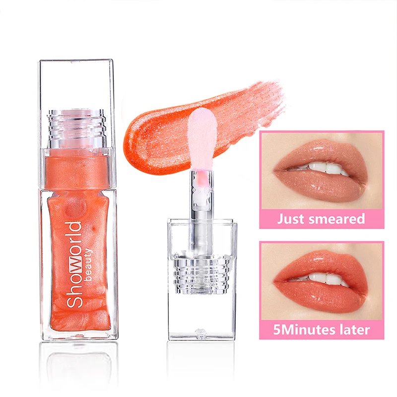 Orangerot feuchtigkeitsspendender Lipgloss, glänzender öliger Lipgloss, natürliches Lippenaufhellungsprodukt, zur Verschönerung der Lippen.