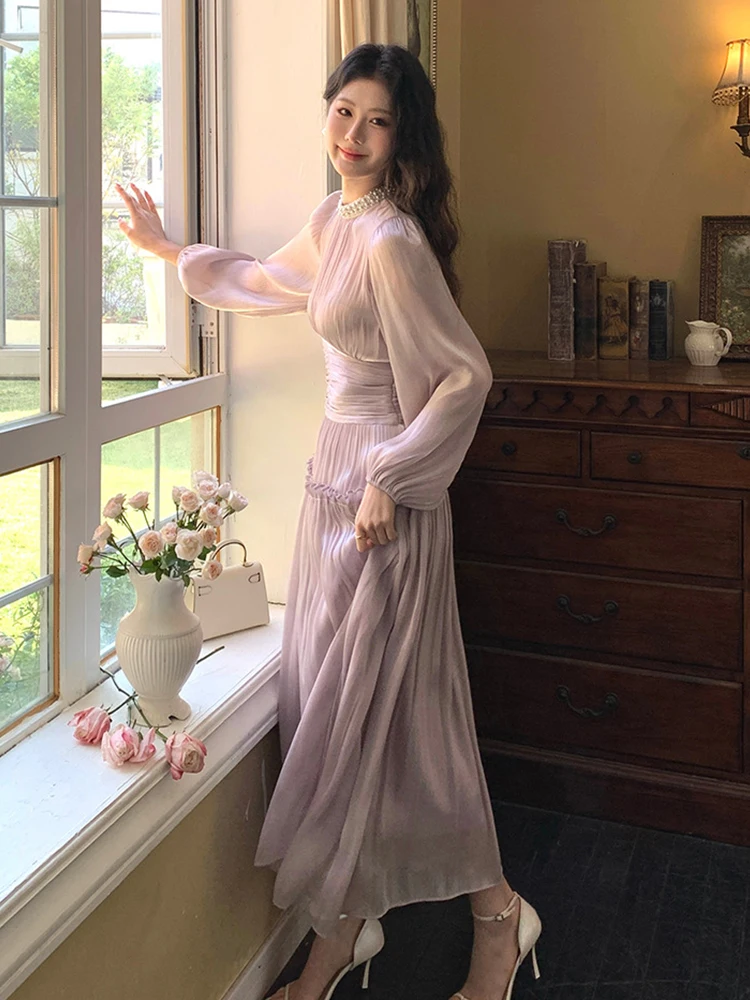 ชุดเดรสยาวสไตล์ฝรั่งเศสสำหรับงานพิธีการ ผู้หญิง เสื้อผ้าวินเทจ หรูหรา ประดับมุก จีบระบาย ชุดราตรีงานเลี้ยงวันเกิด งานพรอม