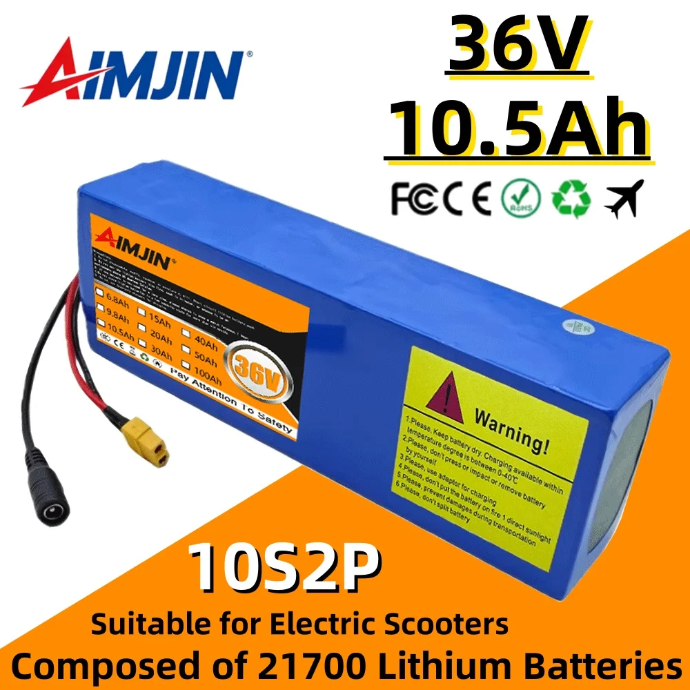 21700 Lithium 10S2P 36V 10.5Ah Battery Pack 5C Power Rechargeable 650W for Electric scooters bicycle motorcycle, SYP T JST XT60