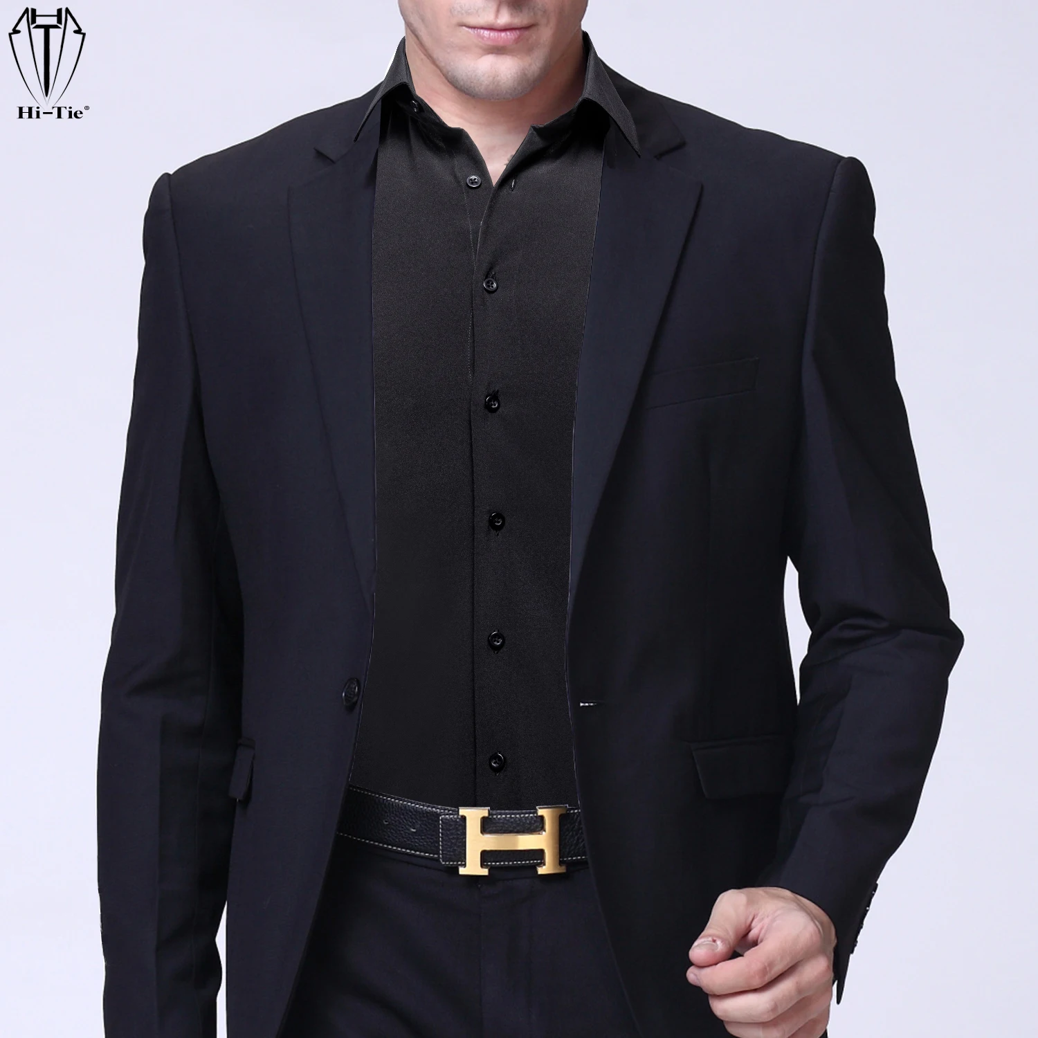 Hi-Tie Pure Black Silk Mens Shirts Plain Smooth Long Sleeve Formal Dress Blouse for Male Wedding Business Events Oversized Gift