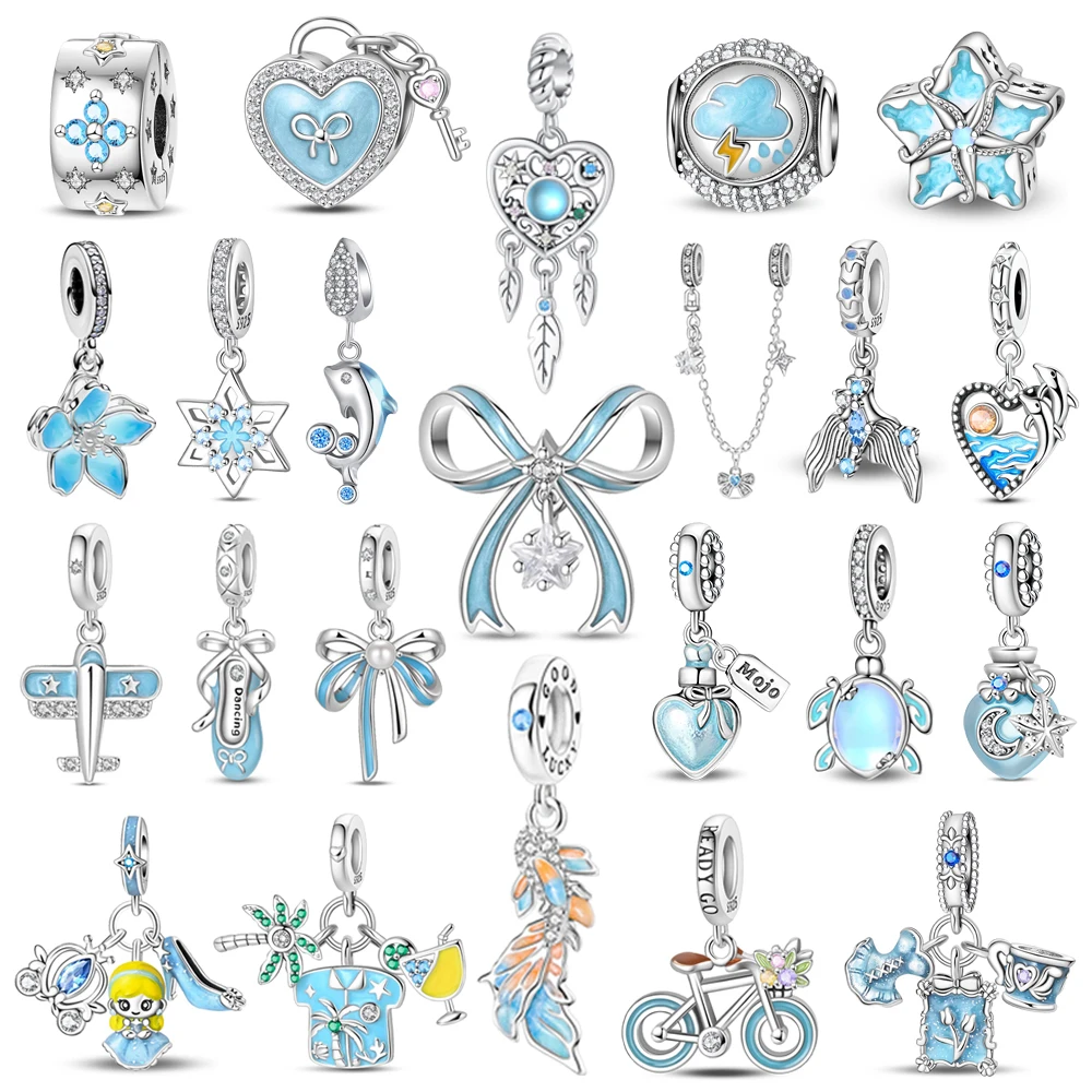 Exquisitas cuentas de estrella de mar de Plata de Ley 925 y trébol de cuatro hojas, abalorio colgante apto para pulsera y collar, colgante romántico azul, regalo